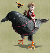 Toby riding a raven with Bechamel the bee flying by